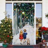 Aperturee - Kits And Dog Forest Path Snow Christmas Door Cover